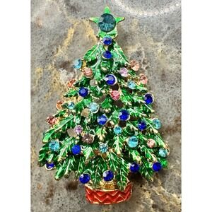 Vintage Pastel Christmas Tree Brooch Aqua Pink Blue Rhinestone Holiday Pin